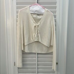 LF Millau Lace Up Cropped Sweater Cream Knit Balletcore Size Small